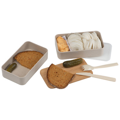 Zweistöckige Brotzeitdose mit Besteck und Verschluss, beige Zweistöckige Brotzeitdose mit Besteck und Verschluss, beige