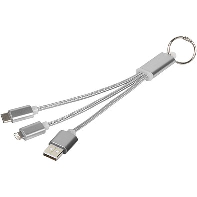 3-in-1 Metall-Ladekabel mit Schlüsselanhänger, silber