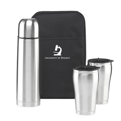 Thermo-Geschenkset in Tasche, Flasche 500 ml, Becher  2x 175 ml, silber