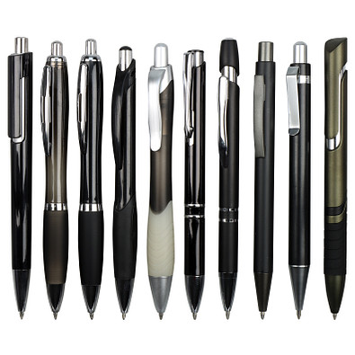 Muster-Set Kunststoff Kugelschreiber Schwarz, 9 Modelle, schwarz