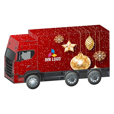 Adventskalender LKW, Ritter SPORT Schokowürfel, Christbaumkugeln Gold