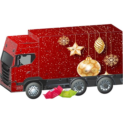 Adventskalender LKW, Ritter SPORT Schokowürfel, Christbaumkugeln Gold