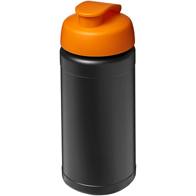Baseline 500 ml recycelte Sportflasche mit Klappdeckel, schwarz/orange