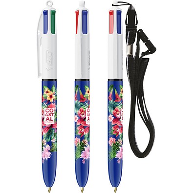 BIC® 4 Colours® Kugelschreiber + Umhängeband Weiß/Marineblau