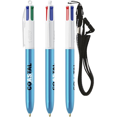 BIC® 4 Colours® Shine mit Lanyard-Kugelschreiber Weiß/Blaumetallic