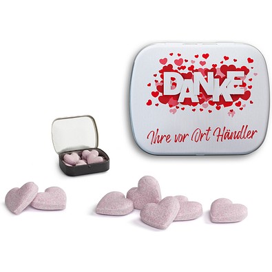 Brauseherzen in Mini Nostalgiedose, 16 g, weiß-matt, inkl. Druck
