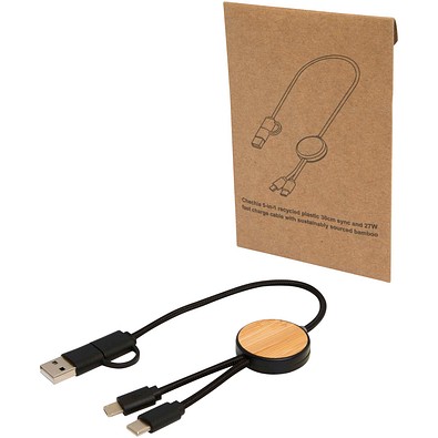 Chechia 30 cm 5-in-1 Kabel aus recyceltem Kunststoff für Datenübertragung und 27W Schnellladung mit Bambusdetails, schwarz