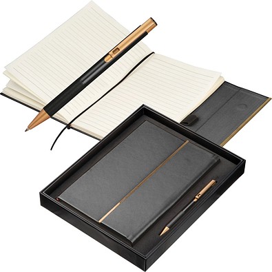 Recycled Leder Geschenkset  Notizbuch mit Metall-Kugelschreiber, schwarz