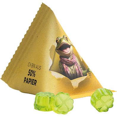 Fruchtgummi Tetraeder, Folie mit ca. 50% Papieranteil, weiß, Trolli Fruchtgummi Kleeblatt, inkl. Druck