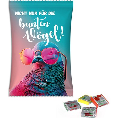 Fruchtkaramellen im Werbetütchen, 50 g, Folie weiß, inkl. Druck