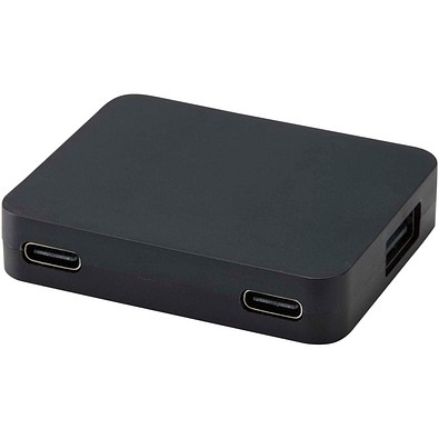 Gaia 4 Port USB Hub mit USB-A- und Typ-C-Ausgang und zwei Eingängen aus recyceltem Kunststoff, schwarz