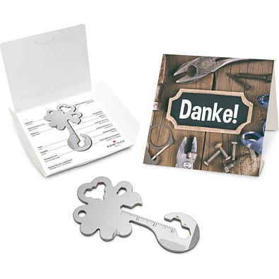 Geschenkartikel: ROMINOX® Key Tool Lucky Charm / Kleeblatt Glücksbringer (19 Funktionen) im Motiv-Mäppchen Danke, silber
