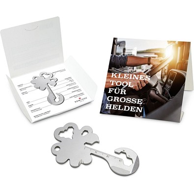 Geschenkartikel: ROMINOX® Key Tool Lucky Charm / Kleeblatt Glücksbringer (19 Funktionen) im Motiv-Mäppchen Große Helden, silber