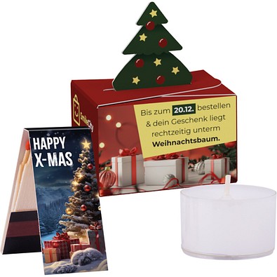 Geschenkbox Mini Tanne, Teelicht mit Weihnachtsgestaltung, inkl. Druck