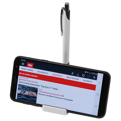 Handyhalter mit Magnetfunktion, inklusive Metallkugelschreiber mit blau schreibender Mine, weiss