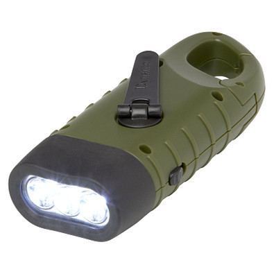 Helios Solar-Dynamo-Taschenlampe aus recyceltem Kunststoff mit Karabinerhaken, armeegrün