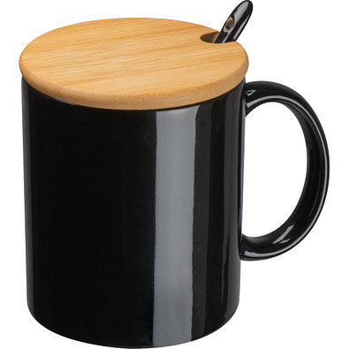 Keramiktasse mit Löffel und Bambusdeckel, schwarz