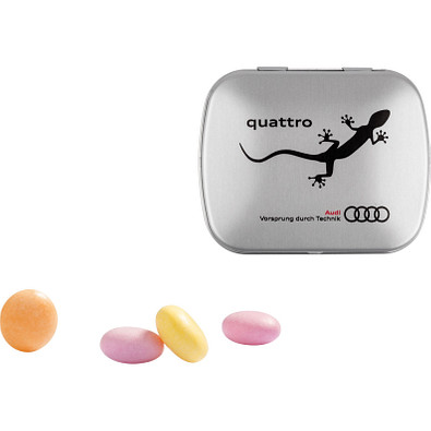 Klapp Dose, mentos® Kaudragee Fruit, inkl. Druck, matt-silberne Dose