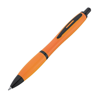 Druckkugelschreiber aus Kunststoff mit schwarzen Applikationen, blaue Mine, orange Druckkugelschreiber aus Kunststoff mit schwarzen Applikationen, blaue Mine, orange