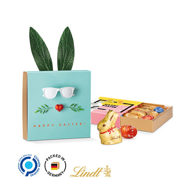 Lindt Präsent im Werbeschuber Hasenohren, Kleine Kostbarkeiten Goldhase, inkl. Druck