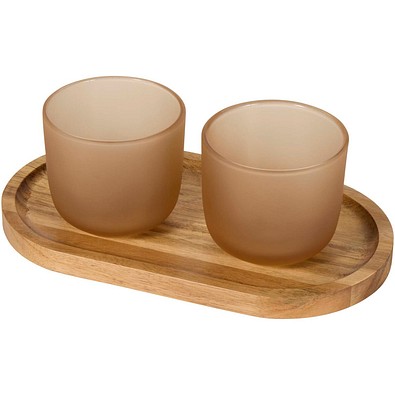 Male Set aus Holztablett und Glastassen, matt, oatmeal