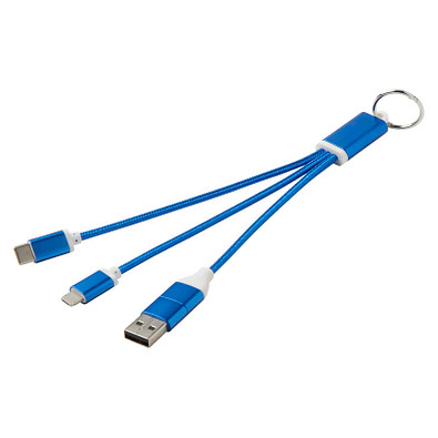 Metal 4-in-1 Ladekabel aus recyceltem Aluminium mit Schlüsselanhänger, royalblau