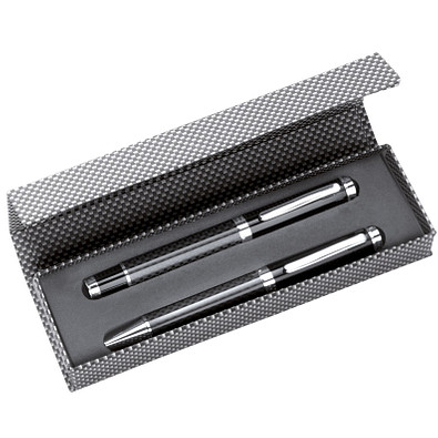 Metall-Drehkugelschreiber Schreibset Carbon, schwarze Mine, schwarz