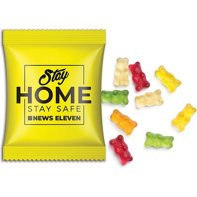 Mini-Gummibärchen vegan im Werbetütchen, 15 g, weiße kompostierbare Folie, inkl. Druck