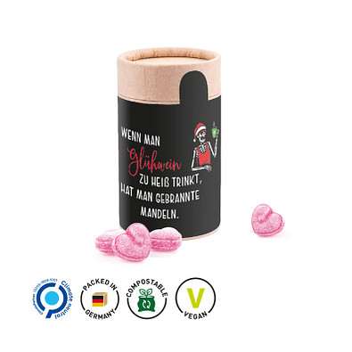 Papierdose Eco Midi mit kandierten Glühweinherzen-Bonbons, inkl. Druck