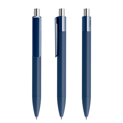 prodir® Druckkugelschreiber DS4 Soft Touch PRR Push, blaue Mine, dunkelblau/silber poliert