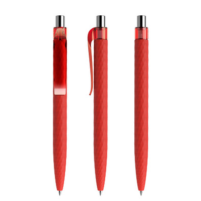 prodir® Druckkugelschreiber QS01 Soft Touch PRT Push, blaue Mine, rot/silber poliert