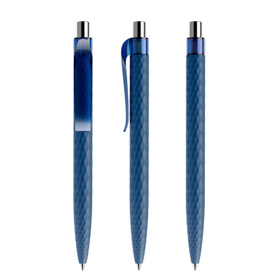 prodir® Druckkugelschreiber QS01 Soft Touch PRT Push, blaue Mine, dunkelblau/silber poliert