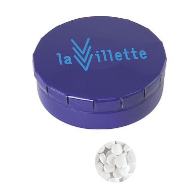 Runde Click-Blechdose, gefüllt mit 12 g Minties, dunkelblau