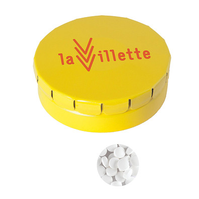 Runde Click-Blechdose, gefüllt mit 12 g Minties, gelb