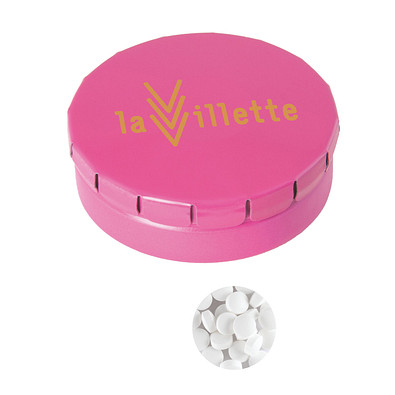 Runde Click-Blechdose, gefüllt mit 12 g Minties, rosa