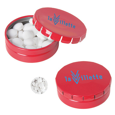 Runde Click-Blechdose, gefüllt mit 12 g Minties, rot
