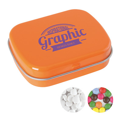 Scharnierblechdose, gefüllt mit 25 g Minties, orange
