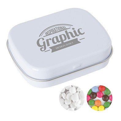 Scharnierblechdose, gefüllt mit 25 g Minties, weiß