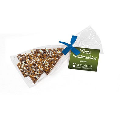 Schoko Christmas Tree, Vollmilchschokolade Knusperkugeln, Blaue Schleife, inkl. Druck