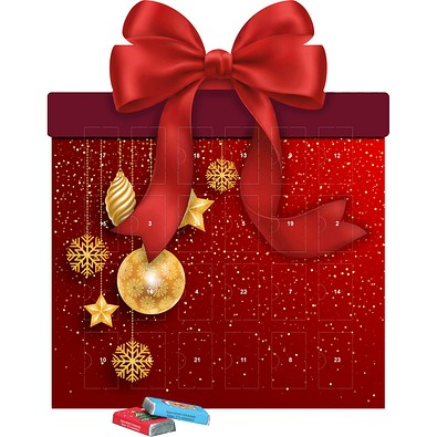 Shape Adventskalender Geschenk, Schokotäfelchen in weihnachtlichen Motiven, Christbaumkugeln Gold