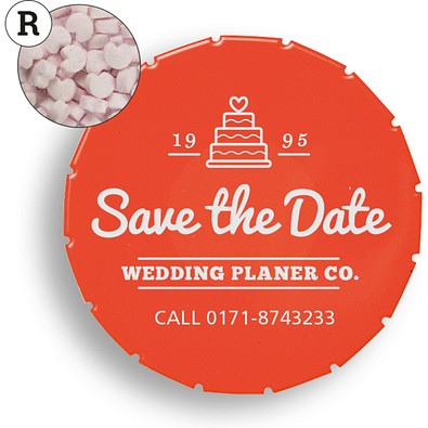 Super Mini Clic Clac Box, 12 g, Erdbeerdragees Herzform, PMS 021 C, inkl. Druck