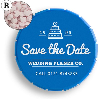 Super Mini Clic Clac Box, 12 g, Erdbeerdragees Herzform, PMS Process Blue, inkl. Druck