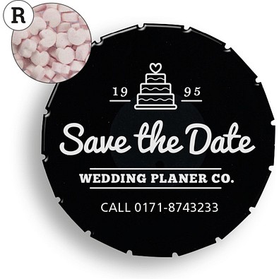 Super Mini Clic Clac Box, 12 g, Erdbeerdragees Herzform, schwarz-matt, inkl. Druck