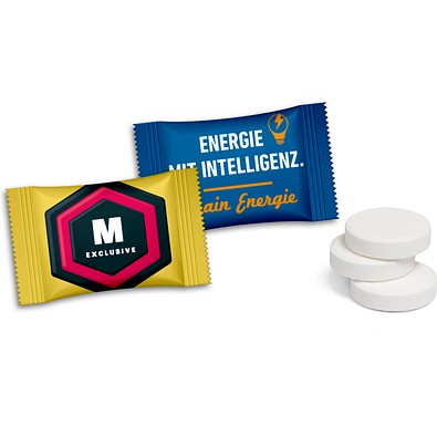 Traubenzuckertabletten im Flowpack, 3 g, Zitrone, Folie transparent, inkl. Druck
