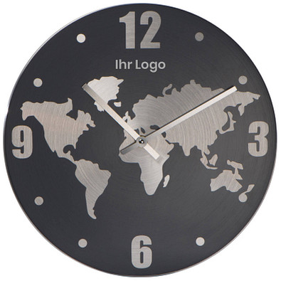 Wanduhr mit Weltkarte, grau