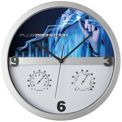 Wanduhr mit Hygro- und Thermometer, halbes Display bedruckbar, weiß