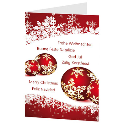 Grußkarte Weihnachten, Motiv Weihnachtskugeln im Schnee, ohne Innendruck