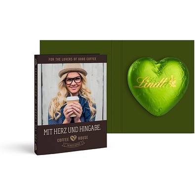 Werbekarte mit Lindt Schokoladen Herz 20 g, grün, inkl. Druck