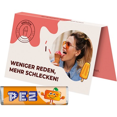 Werbekarte Visitenkartenformat, PEZ Bonbonriegel Orange, inkl. Druck