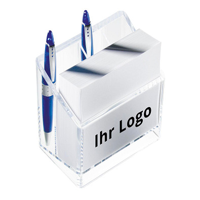 Zettelbox mit Schreibgerätehalter, transparent